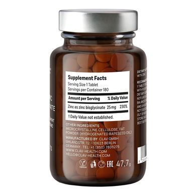 Цинк бісгліцинат CLAV Zinc Bisglycinate 25 mg 180 шт - основне фото